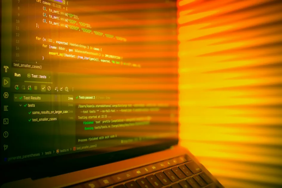 Laptop screen displaying code with orange glow