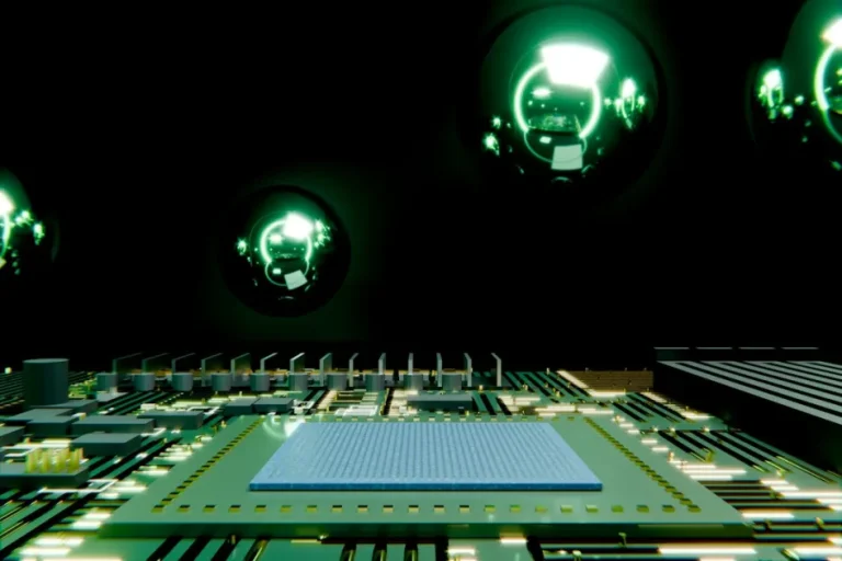 Microchip on a circuit board with glowing green reflections