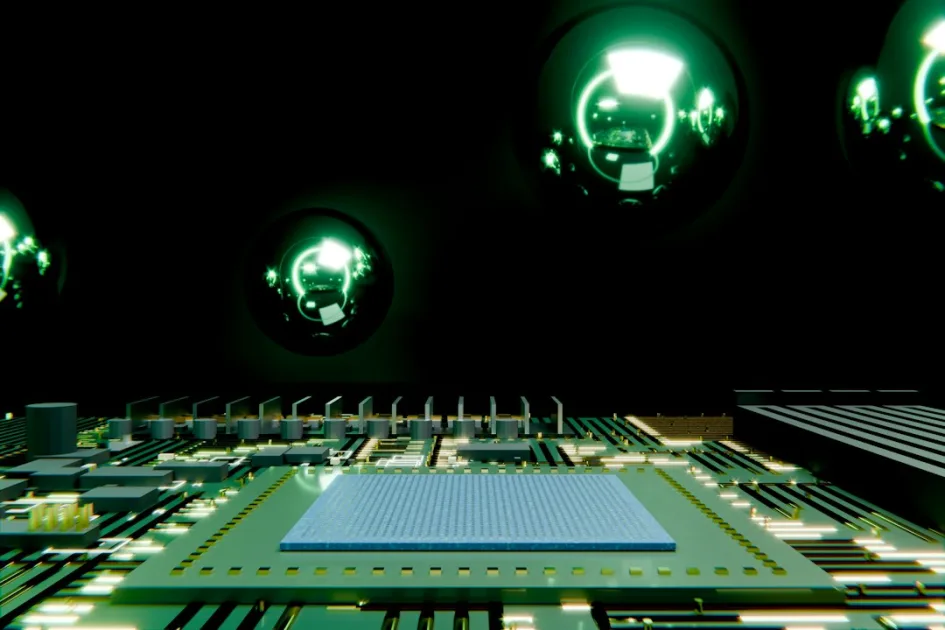 Microchip on a circuit board with glowing green reflections